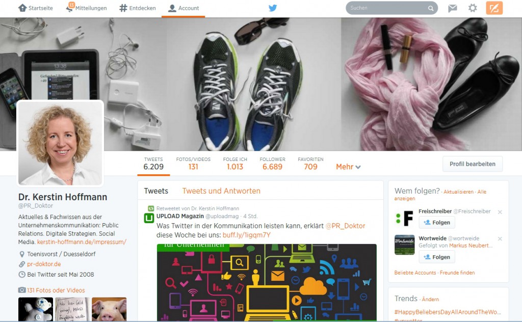 In diesem Beitrag zeige ich, wie Sie die "Kanalversprechen" für Ihr Unternehmen erarbeiten und liefere Ihnen am Beispiel Twitter konkrete Ideen. Aus bildrechtlichen Gründen hier ein Blick auf meinen professionellen Twitter-Account. Der Klick auf das Bild führt Sie direkt dorthin.
