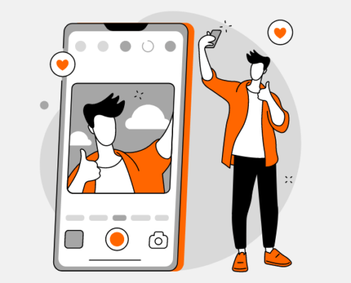Zeichnung eines Mannes, der ein Selfie mit dem Smartphone macht