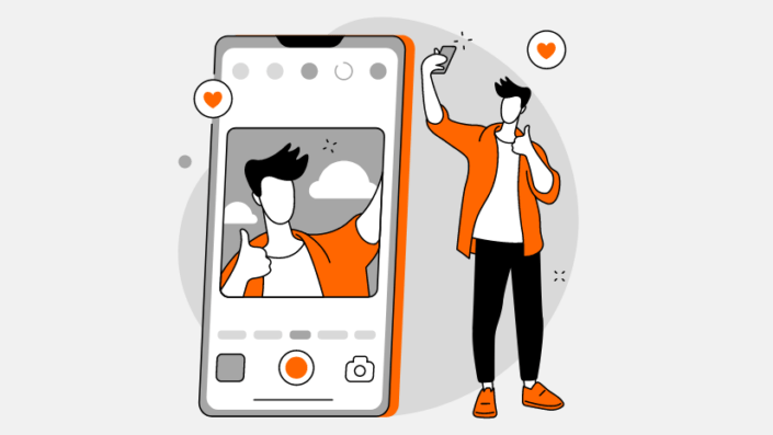 Zeichnung eines Mannes, der ein Selfie mit dem Smartphone macht