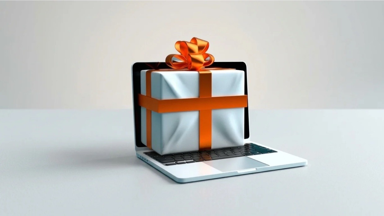 Ein Laptop auf einem angedeuteten Tisch mit einem Geschenkpaket als Synonym für verschenktes Wissen