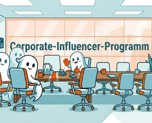 Ein Konferenzraum, in dem an einer Wand „Corporate-Influencer-Programm" steht. Um den Konferenztisch sitzen Geister, es gibt viele leere Stühle.