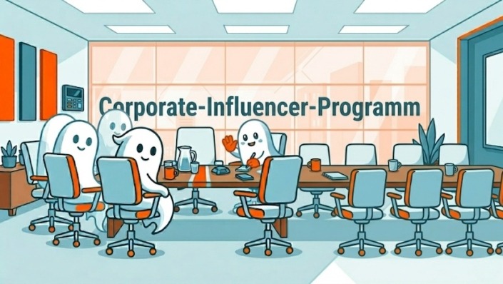 Ein Konferenzraum, in dem an einer Wand „Corporate-Influencer-Programm" steht. Um den Konferenztisch sitzen Geister, es gibt viele leere Stühle.