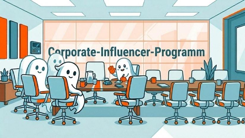 Ein Konferenzraum, in dem an einer Wand „Corporate-Influencer-Programm" steht. Um den Konferenztisch sitzen Geister, es gibt viele leere Stühle.