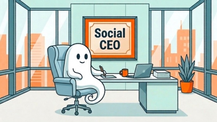Ein Geist in einem Chefsessel als Symbol für einen unwilligen Social CEO